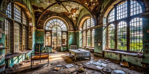 Obraz premium Crumbling asylum walls once held secrets, now shrouded in mystery. Rusted bars creak in the wind, while shattered glass reflects the darkness of abandoned dreams.