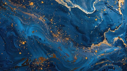 Swirling dark blue and gold abstract background with specks of gold glitter.