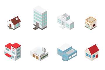 isometric building illustration element set 
