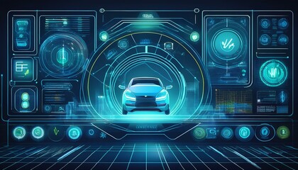 Fototapeta premium EV electric vehicle technology industry concept, futuristic virtual graphic touch user interface on screen