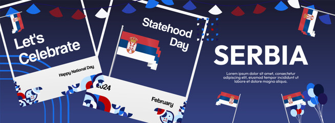 Serbia National Day Banner in creative geometric style. Wide banner suitable for independence greeting card and more event backgrounds with Serbian flag. 15th February. Happy Statehood Day of Serbia
