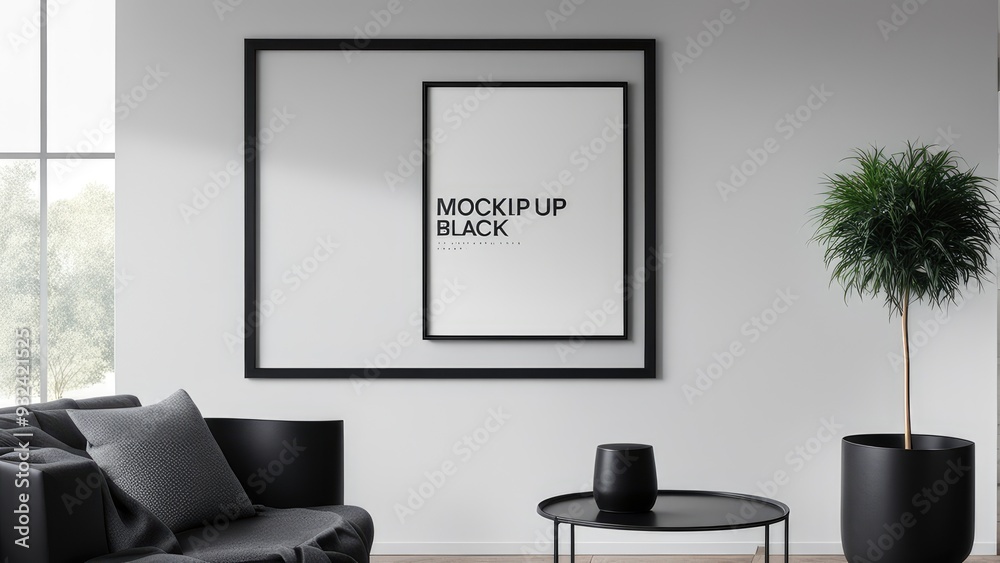 Wall mural interior poster mockup with vertical black frame on home interior background