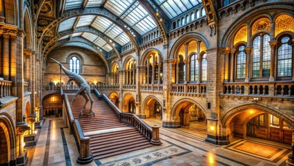 Obraz premium Majestic stone columns and grand staircase lead to exhibits featuring dinosaur fossils, ancient artifacts, and interactive displays at a world-renowned natural history museum.