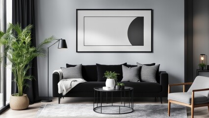 interior poster mockup with vertical black frame on home interior background