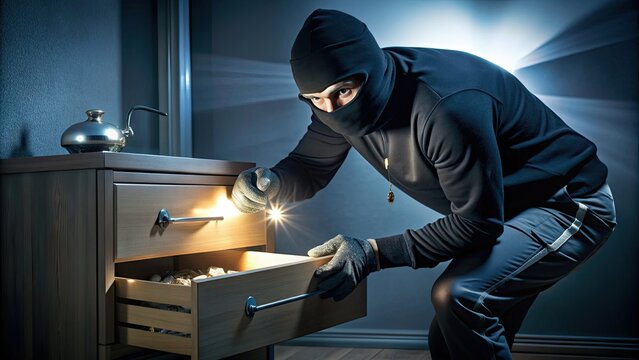 Masked burglar in black clothing sneaks into dimly lit room, stealing valuables from dresser drawers with flashlight shining on scattered jewelry and cash.
