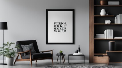 interior poster mockup with vertical black frame on home interior background