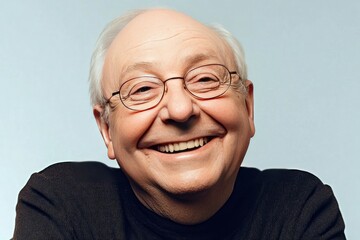 Obraz premium A cheerful elderly man with glasses smiles warmly against a soft backdrop