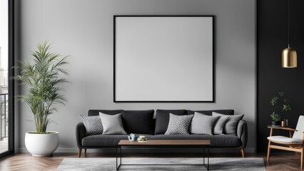 interior poster mockup with vertical black frame on home interior background