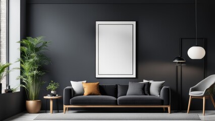 interior poster mockup with vertical black frame on home interior background