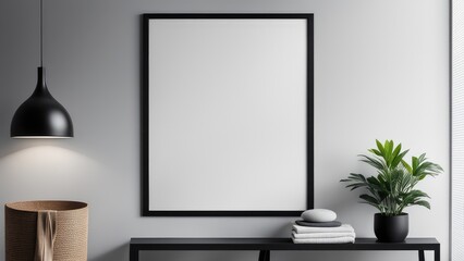 interior poster mockup with vertical black frame on home interior background