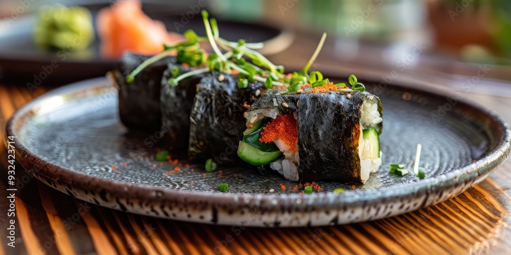 Poster Slender Nori Wrapped Hosomaki Plate Sushi Rice With Fresh Fish Avocado or Cucumber