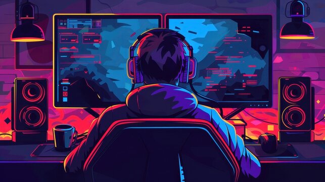 A man is sitting in front of two computer monitors, wearing headphones