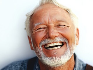 Joyful man smiling warmly against a bright backdrop during a sunny afternoon