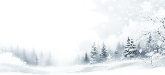 Winter forest in watercolor technique on white background. Horizontal banner with snowy Christmas trees useful for celebration winter holidays