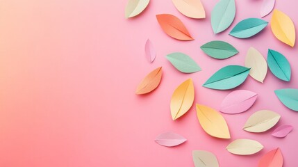 Colorful paper leaves on a pink background