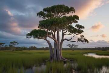 Fototapeta premium Pristine Elaeocarpus Eumundi Tree in Lush Wetlands and Tranquil Ecosystem