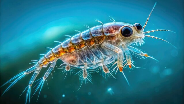 Microscopic view of a crustacean larva, a tiny translucent zooplankton, with feathery appendages and large black eyes, suspended in a clear blue aquatic environment.