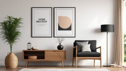 interior poster mockup with vertical wooden frame in home interior background