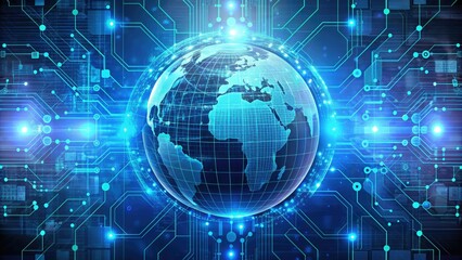 Minimalist blue grid wireframe of virtual globe, surrounded by coding symbols and circuit boards, representing internet infrastructure and digital connectivity.