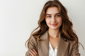 Fototapeta premium A professional woman wearing a tan blazer, great for use in corporate or business settings