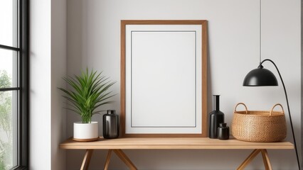 interior poster mockup with vertical wooden frame in home interior background