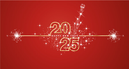 Happy New Year 2025 eve line design loading sparkle firework open champagne golden white red vector wallpaper greeting card