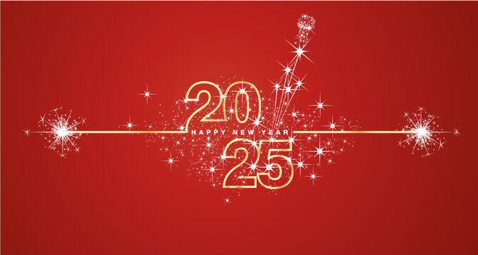 Happy New Year 2025 eve line design loading sparkle firework open champagne golden white red vector wallpaper greeting card