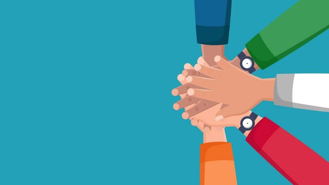 Animasi Tangan Orang Bertumpuk di Tengah Bersama, Simbol Persatuan Kelompok, Kerja Sama Tim