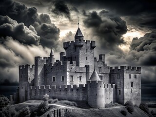 Fototapeta premium Dark clouds swirl above the Medieval fortress, towers and battlements reaching for the turbulent sky like skeletal fingers grasping for the heavens.