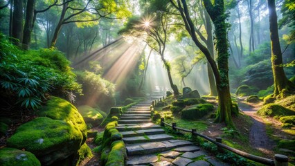 Misty stone pathway winds through a lush, vibrant forest in Kunming, China, with sunlight filtering through dense foliage, highlighting ancient stones and moss.