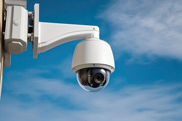 High-Tech Dome Security Camera Against Clear Blue Sky for Superior Safety and Surveillance