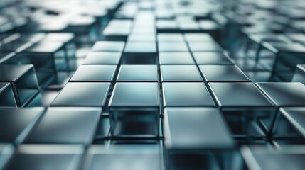 Obraz premium Abstract close-up view of reflective glass cubes arranged in a grid, creating a mesmerizing pattern of light and shadow.