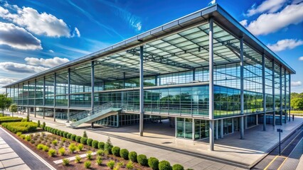 Modern architecture of Dortmund Airport terminal building with large glass windows and steel frames, surrounded by lush greenery and a clear blue sky.