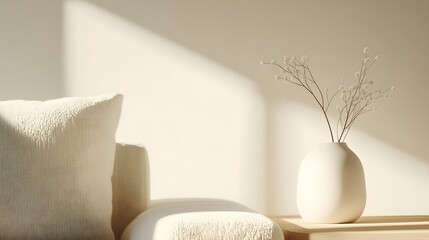 Elegant stoneware vase, bright living area, artisanal design, Scandinavian style, warm light