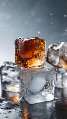 A close-up of stacked ice cubes with water droplets, creating a refreshing and cool atmosphere. The background features a soft gradient with sparkling light effects, enhancing the icy theme.