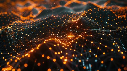 Abstract digital landscape showcasing vivid orange and blue particles on a dark background, representing data connectivity and waves.