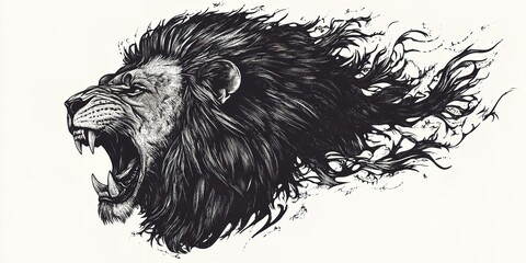 Obraz premium A vintage-style tattoo of a roaring lion, rendered in black ink with intricate detailing, isolated on white background 