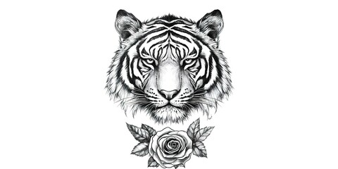 Obraz premium Aggressive tiger head, front view, with a rose below the head, tattoo design, black and white draw, white background