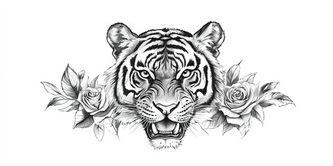 Aggressive tiger head, front view, with a rose below the head, tattoo design, black and white draw, white background -