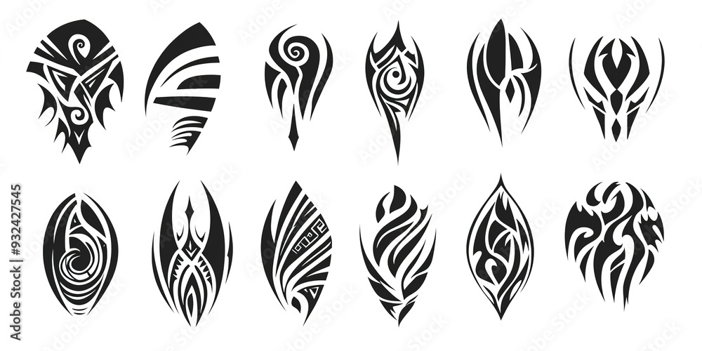 Poster Abstract tribal tattoo collection. Black silhouette illustration isolated on white element set. 