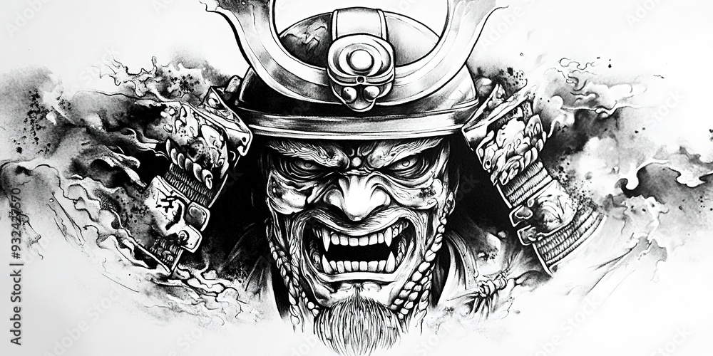 Poster Fierce samurai warrior helmet tattoo design in black and white, symbolizing strength and honor.