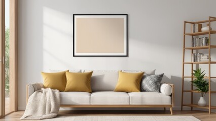interior poster mockup with vertical wooden frame in home interior background