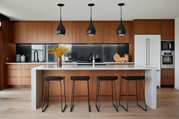 Contemporary Kitchen Interior Design with Wooden Island and Stylish Furniture