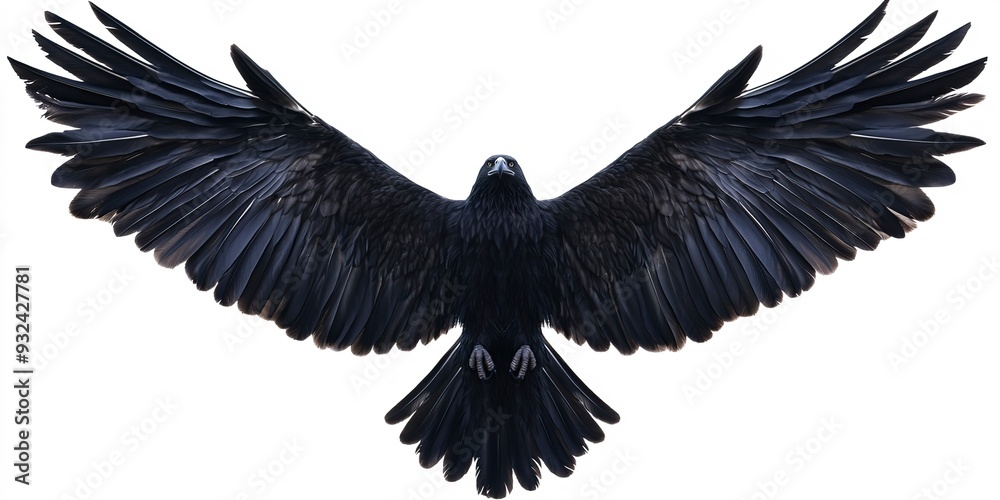 Poster heavenly soar black angelic winged on white background isolated eagle flight emblem of power and majesty skyward bound symbolic feathers in art 