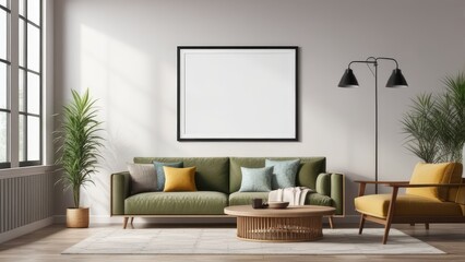 interior poster mockup with vertical wooden frame in home interior background