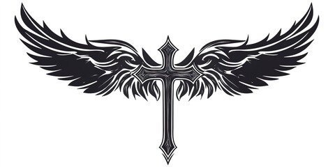 modern tribal tattoo cross wing, abstract line art, minimalist contour. Vector