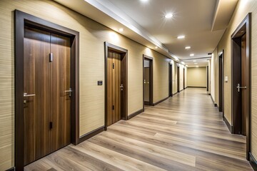 Modern empty apartment corridor with wood doors, cream walls, and dark floors, awaiting renovation, with a lobby entrance and vacant hallway leading to rooms.