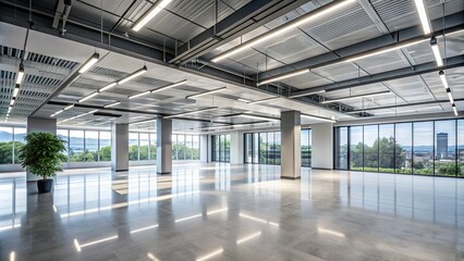 Obraz premium Modern empty office building with open ceiling design, sleek concrete floors, and sleek minimalist aesthetic, flooded with natural light, awaiting business occupancy and activity.