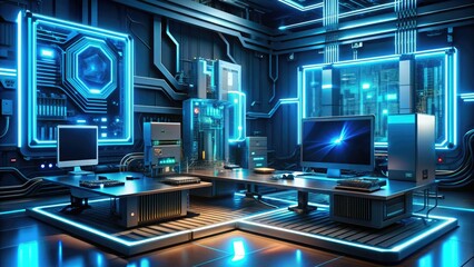 Modern futuristic computer setup with sleek, glowing blue circuits and wires, surrounded by futuristic gadgets and complex machinery, symbolizing cutting-edge technology.