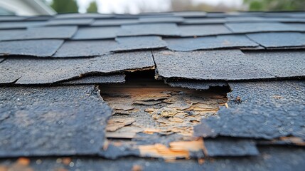 Fototapeta premium Hail-damaged roof, with broken shingles, missing granules, and visible water leaks, indicating the roof's compromised waterproofing